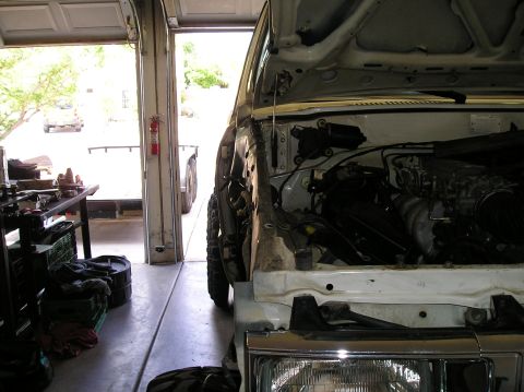 1986 Toyota Hilux - The engine bay of a 1986 Toyota Hilux is visible with the hood open, revealing the engine and front fender area.