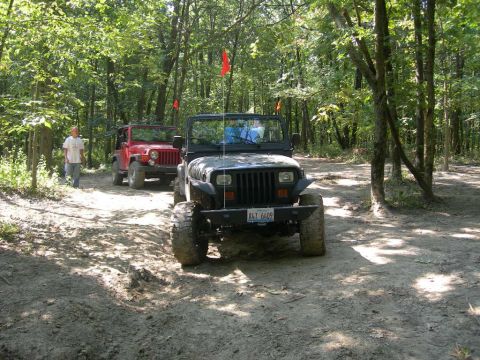 1991 Jeep Wrangler - Two Jeep Wranglers driving on a dirt trail through a wooded area on a sunny day.