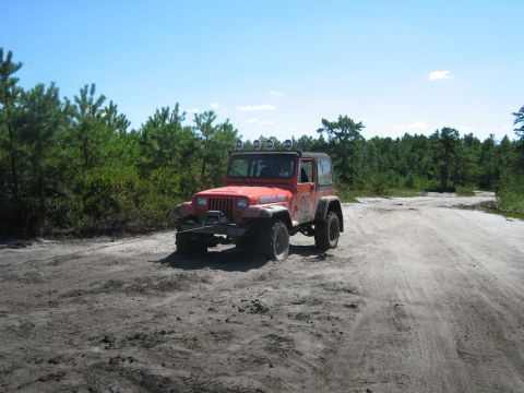 1990 Ford Bronco - A red Jeep Wrangler navigates a sandy, off-road path surrounded by trees under a clear blue sky.