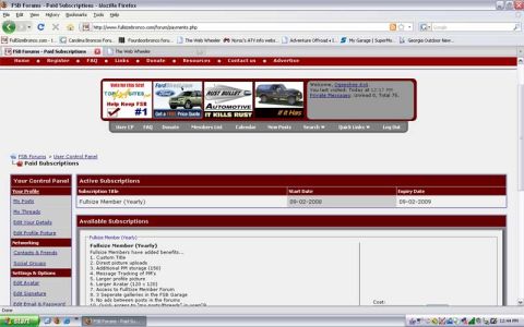 1989 Ford F-150 - A web browser displays a forum's paid subscription page with user control panel and active subscriptions listed.