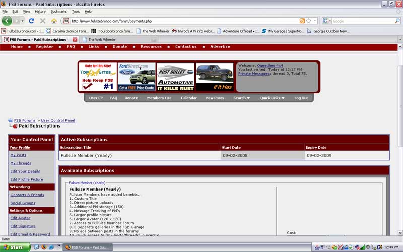 Screenshot of a web browser showing a forum page with subscription details and advertisements