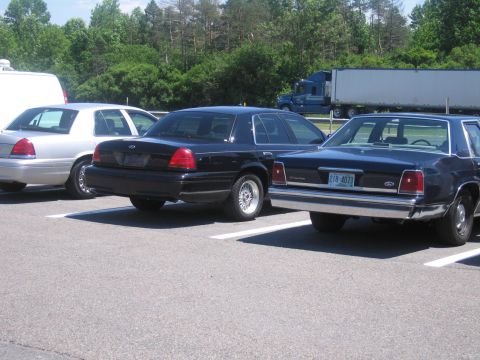 2001 Ford Crown Victoria - Three Ford Crown Victorias are parked in a lot, with the rear of a black model prominently displayed.