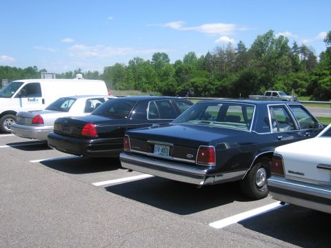 2001 Ford Crown Victoria - Several police cruisers and a van are parked in a lot on a sunny day.
