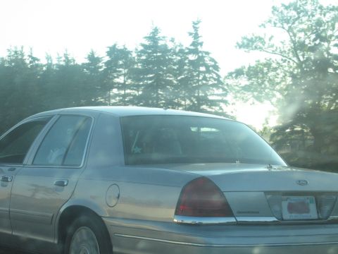 2001 Ford Crown Victoria - The rear of a silver sedan is captured from a side angle while driving on a road with trees lining the horizon.