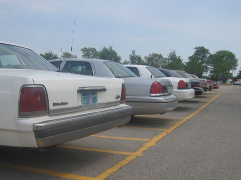 2001 Ford Crown Victoria - A row of Ford Crown Victoria sedans are parked in a lot under a cloudy sky.