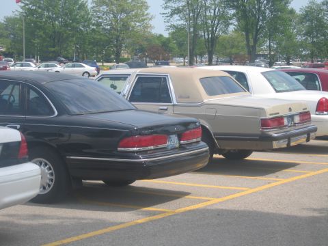 2001 Ford Crown Victoria - Several cars are parked in a lot, including a black 1998 Ford Crown Victoria.