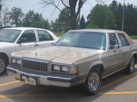 2001 Ford Crown Victoria - This tan sedan features a prominent chrome grille and trim, parked alongside a white vehicle.