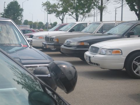 2001 Ford Crown Victoria - A line of sedans are parked in an outdoor lot, with a white 2001 Ford Crown Victoria prominently featured.