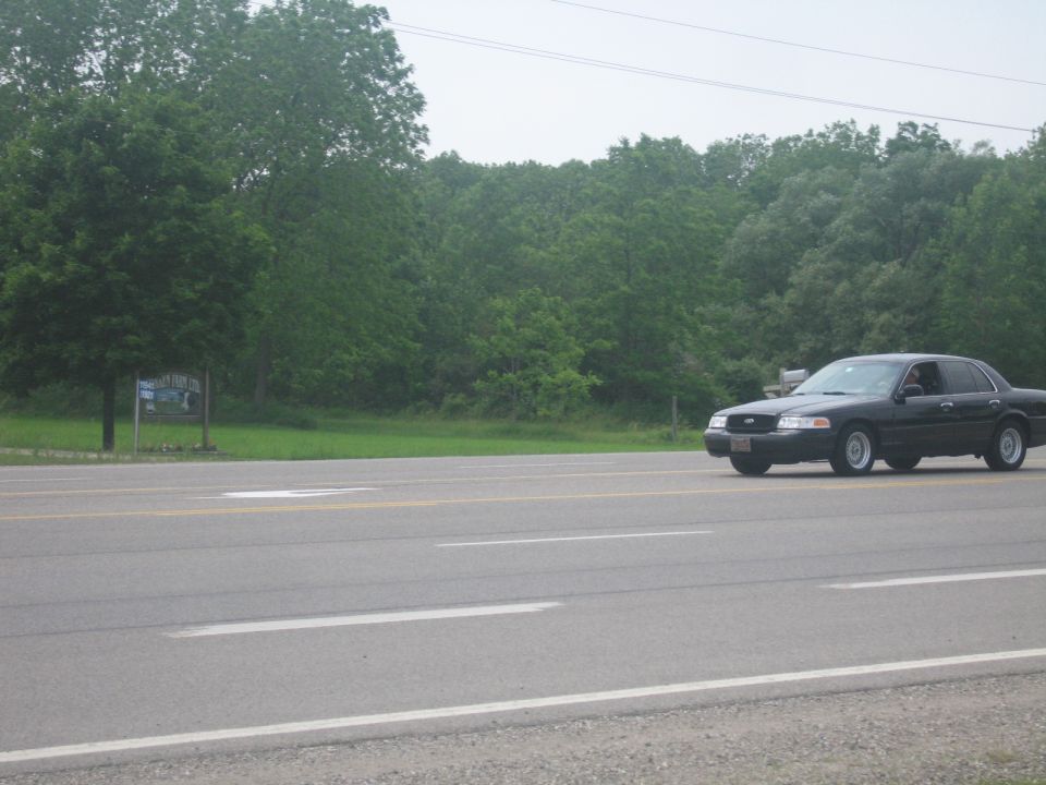 Black sedan driving on a road with trees in the background. It looks like a 2001 Ford Crown Victoria