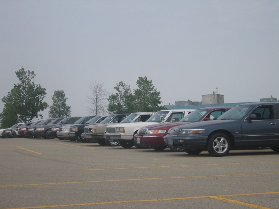 Line of 2001 Ford Crown Victorias parked in a lot