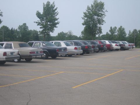 2001 Ford Crown Victoria - Multiple sedans, including a 2001 Ford Crown Victoria, are parked in a lot under an overcast sky.