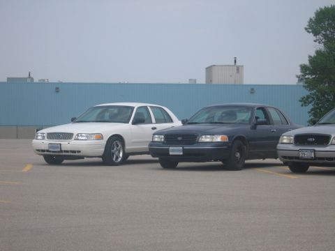 2001 Ford Crown Victoria - Three Ford Crown Victoria sedans, including a white 2001 model, are parked in a lot with a blue building in the background.