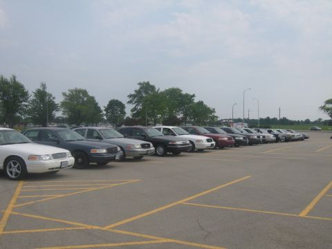 2001 Ford Crown Victoria - A row of Ford Crown Victoria police cars are parked in a lot under a cloudy sky.