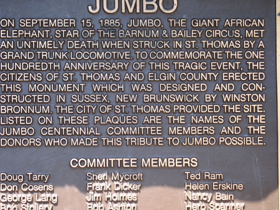 Bronze commemorative plaque about the Jumbo elephant monument in St. Thomas