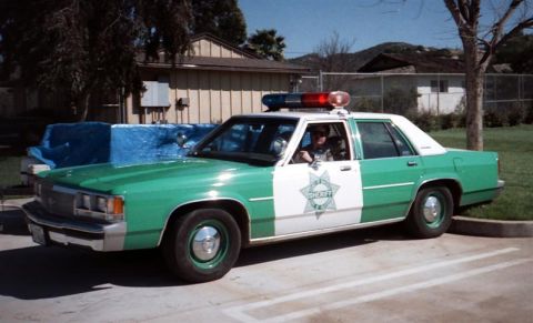 1991 Ford LTD Crown Victoria - A 1991 Ford Crown Victoria LTD police car is seen from the side, parked in a lot with buildings in the background.