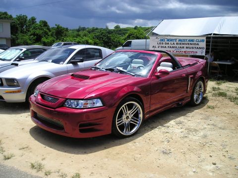 2009 Ford Mustang - A red convertible Mustang is parked next to a silver Mustang, with a "Del Norte Mustang Club" banner in the background.