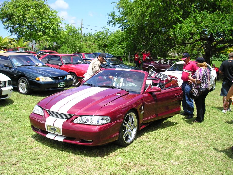 Red convertible Mustang with white stripes, parked on grass with other cars