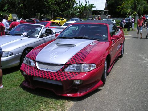 2009 Ford Mustang - A customized red convertible is parked on grass next to a silver convertible, with people milling around in the background.