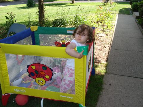 2000 Ford Crown Victoria - Baby sits in a playpen with toys, looking to the side.