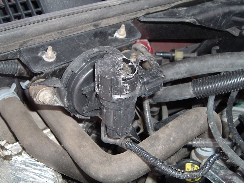 Cracked black plastic engine bay canister component with chewed-open housing