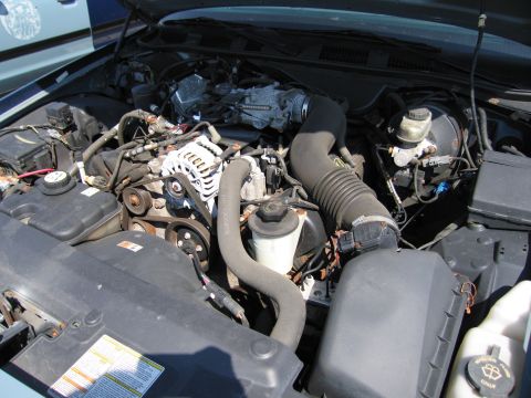 2001 Ford Crown Victoria - The engine bay of a 2001 Ford Crown Victoria, its V8 engine and associated components.