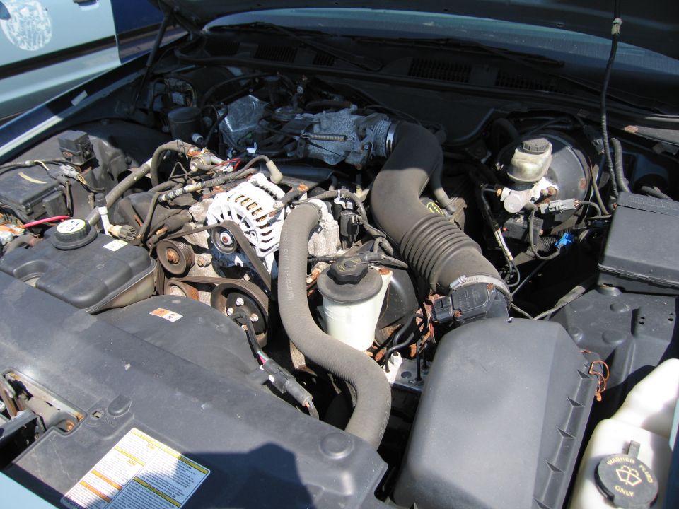 2001 Ford Crown Victoria engine bay with V8 engine components visible