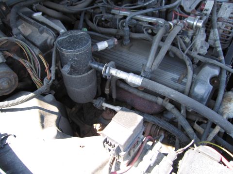 2001 Ford Crown Victoria - Close-up of engine bay components, including AC accumulator and various hoses and wires.