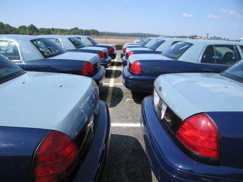 2001 Ford Crown Victoria - Multiple 2001 Ford Crown Victoria police cars are lined up in a parking lot under a clear sky.