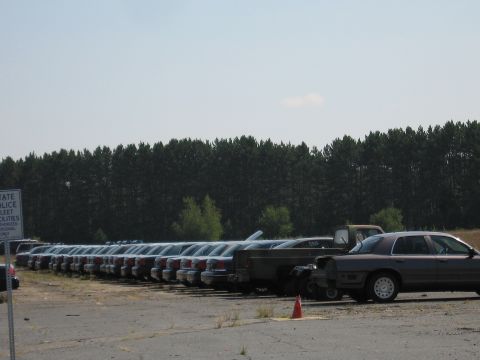 2001 Ford Crown Victoria - A long line of dark-colored police sedans, likely Ford Crown Victorias, are parked in a lot under a clear sky.