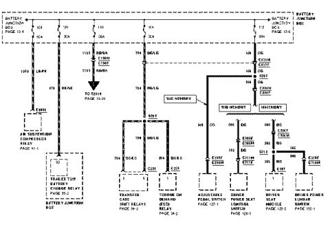 2007 Ford Mustang - Wiring diagram showing battery junction box feeds to relays, seat modules and switches with color-coded circuits and connectors.