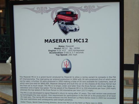 1999 Mercury Grand Marquis - This display details the Maserati MC12, including its make, model, engine, and performance specifications.