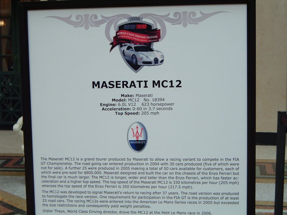 Maserati MC12 No. 18394 display placard from the 2008 Motor Trend World Class Driving Festival with spec block