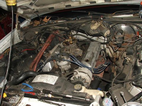 1985 Ford LTD Crown Victoria - The engine bay of a vehicle, showing the carburetor, distributor, and various hoses and wires.