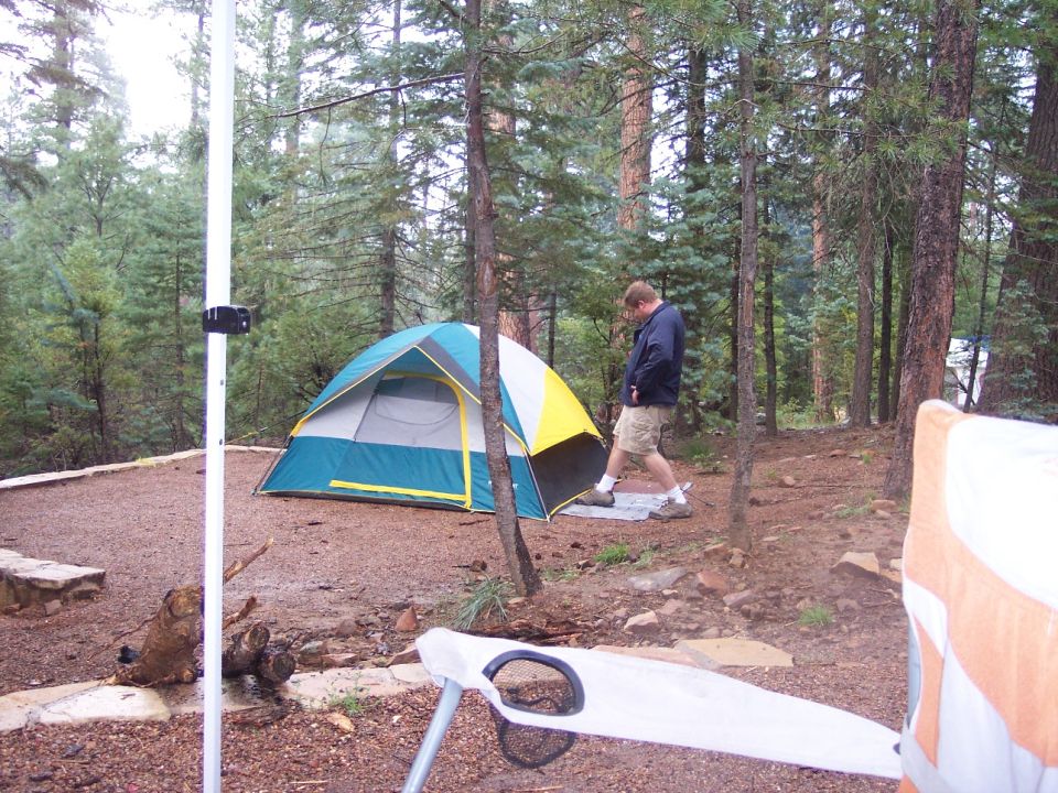 A person stands next to a tent in a wooded campsite.