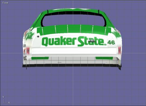 2004 Jeep Wrangler - The rear view of a white and green stock car with "Quaker State" branding and the number "46" is shown against a grid background.
