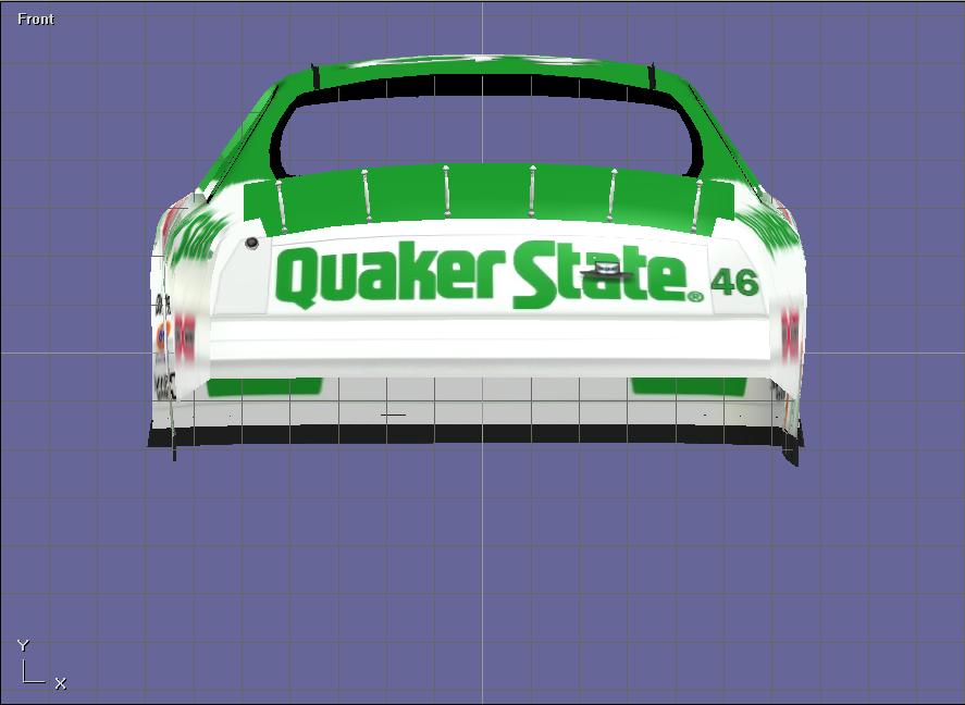 White and green stock car with Quaker State 46 branding, rear view.