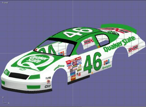 2004 Jeep Wrangler - This is a 3D rendering of a white and green NASCAR stock car with the number 46 prominently displayed. The car features various sponsor dec…