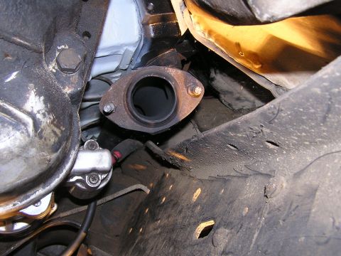 1988 Ford F-250 - Pic of exhaust header from pass. side looking up, tight fit for exhaust collector and turbo down pipe