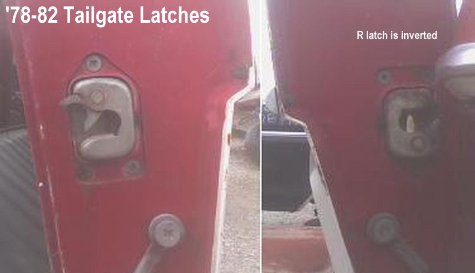 Side-by-side comparison of two red truck tailgate latches with text labels
