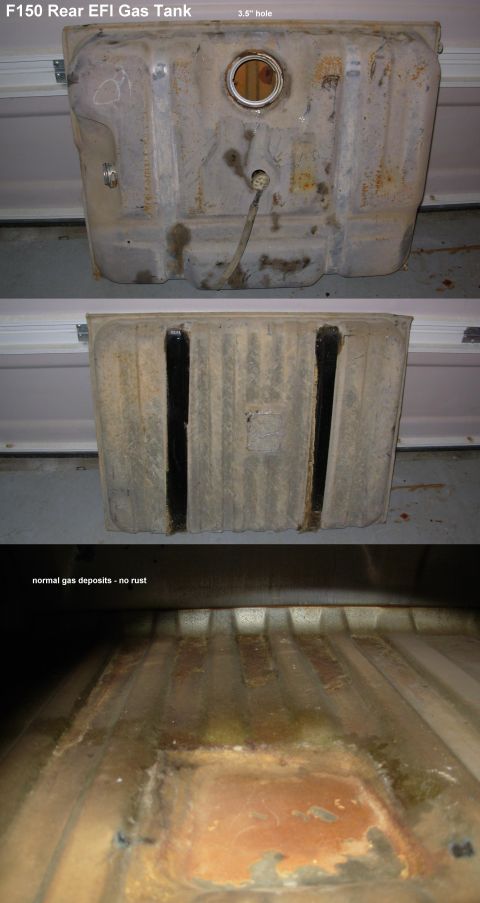 Three-panel view of a removed metal automotive fuel tank