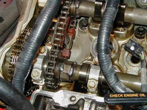 1997 Ford Taurus - Close-up view of an engine's internal components, including a timing chain and camshaft.