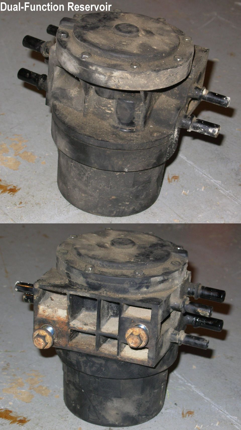 Two views of a black plastic dual-function fuel reservoir automotive part