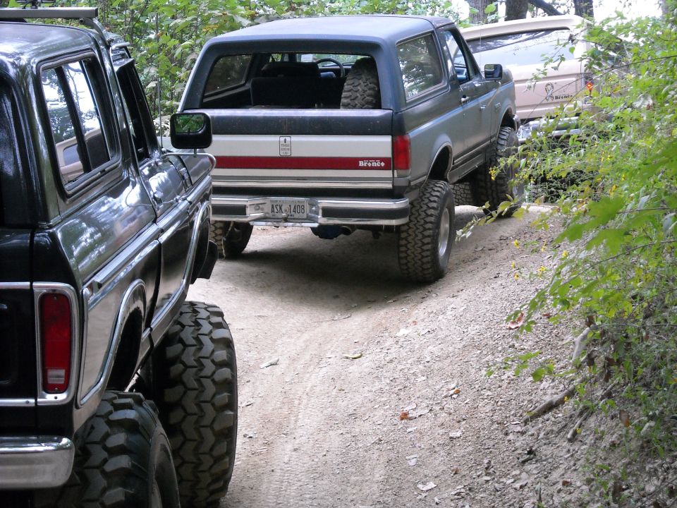Gray full-size Ford Bronco viewed from rear on a narrow forest trail