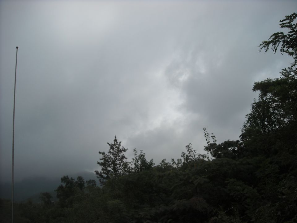 Overcast gray sky over a forested ridgeline with a flagpole