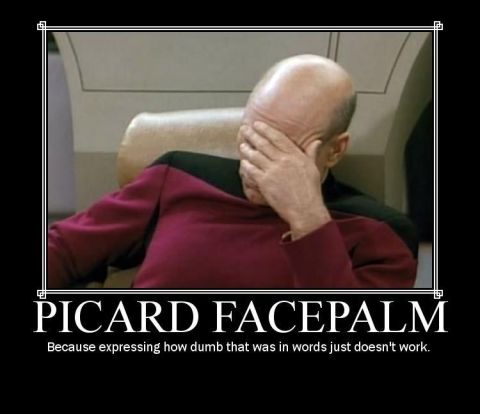 1988 Mercury Grand Marquis - Demotivational-style meme reading PICARD FACEPALM showing a seated man covering his face with his hand.