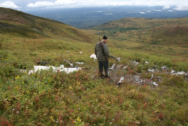 Person with rifle at a plane crash site in a hilly, grassy landscape.