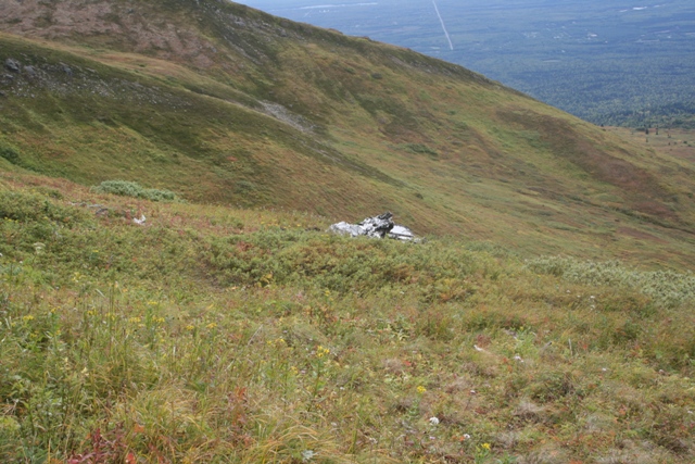 Crashed aircraft wreckage on a grassy mountainside.