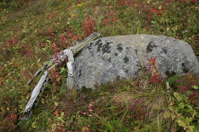 Aircraft debris on a grassy hillside next to a rock