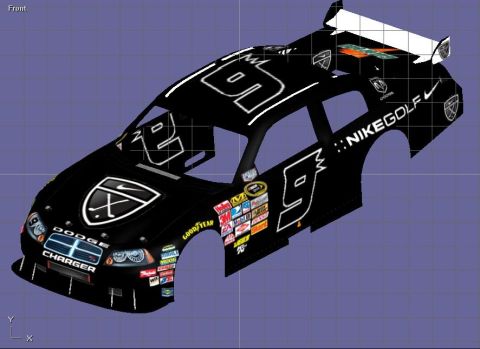2004 Jeep Wrangler - A black 3D render of a Dodge Charger NASCAR race car with the number 9 prominently displayed. The car features various sponsor decals, incl…