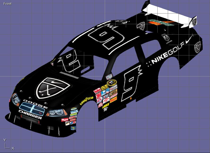 Black Dodge Charger NASCAR race car with number 9 and sponsor decals, 3D render.